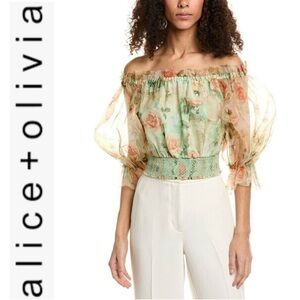 NWOT ALICE + OLIVIA Caprina Floral Chiffon Blouse in Pistachio Multi Size XS
